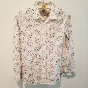 Garnet Hill Women Organic Pima Cotton Button Up Floral Blouse Size 4 Long Sleeve